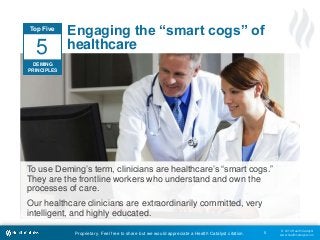 © 2014 Health Catalyst
www.healthcatalyst.comProprietary. Feel free to share but we would appreciate a Health Catalyst citation.
Engaging the “smart cogs” of
healthcare
6
To use Deming’s term, clinicians are healthcare’s “smart cogs.”
They are the frontline workers who understand and own the
processes of care.
Our healthcare clinicians are extraordinarily committed, very
intelligent, and highly educated.
Top Five
DEMING
PRINCIPLES
5
 