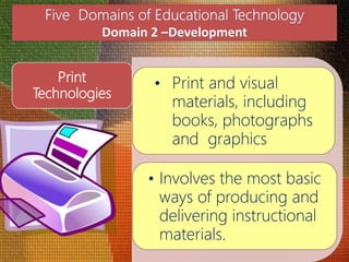 Print
Technologies
• Print and visual
materials, including
books, photographs
and graphics
• Involves the most basic
ways of producing and
delivering instructional
materials.
 
