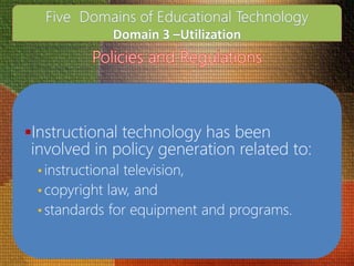 Instructional technology has been
involved in policy generation related to:
• instructional television,
• copyright law, and
• standards for equipment and programs.
 