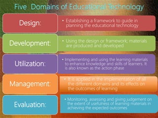 • Establishing a framework to guide in
planning the educational technologyDesign:
• Using the design or framework; materials
are produced and developedDevelopment:
• Implementing and using the learning materials
to enhance knowledge and skills of learners. It
is also known as the action phase
Utilization:
• Monitoring, assessing and giving judgement on
the extent of usefulness of learning materials in
achieving the expected outcomes
Evaluation:
• It is applied in the implementation of all
the different domains and its effects on
the outcomes of learning
Management:
 