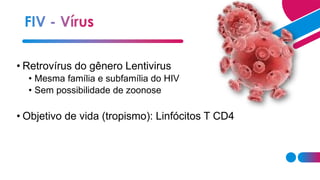 • Retrovírus do gênero Lentivirus
• Mesma família e subfamília do HIV
• Sem possibilidade de zoonose
• Objetivo de vida (tropismo): Linfócitos T CD4
 