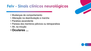• Mudanças de comportamento
• Alteração na deambulação e marcha
• Paralisia ascendente
• Paresia dos membros pélvicos ou tetraparalisia
• Alt. na micção
• Oculares ...
 