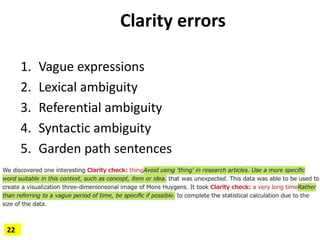 Clarity errors
1. Vague expressions
2. Lexical ambiguity
3. Referential ambiguity
4. Syntactic ambiguity
5. Garden path se...