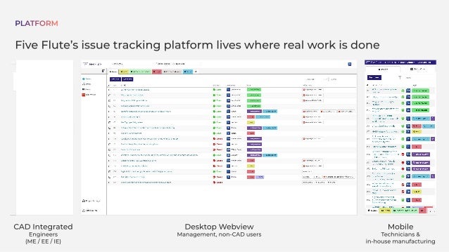Five Flute’s issue tracking platform lives where real work is done
PLATFORM
Mobile

Technicians &

in-house manufacturing
Desktop Webview

Management, non-CAD users
CAD Integrated

Engineers

(ME / EE / IE)
 