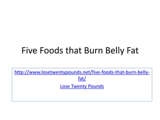 Five Foods that Burn Belly Fat

http://www.losetwentypounds.net/five-foods-that-burn-belly-
                          fat/
                   Lose Twenty Pounds
 