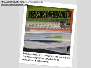 http://sthsgraduationproject.wikispaces.com/Senior Seminar (MacFarland)Traditional research containers are inadequate!The research process can/should be transparent & interactive.