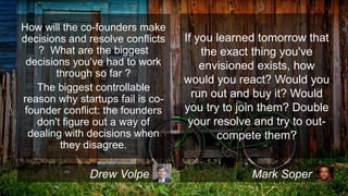 How will the co-founders make
decisions and resolve conflicts
? What are the biggest
decisions you've had to work
through so far ?
The biggest controllable
reason why startups fail is cofounder conflict: the founders
don't figure out a way of
dealing with decisions when
they disagree.

Drew Volpe

If you learned tomorrow that
the exact thing you've
envisioned exists, how
would you react? Would you
run out and buy it? Would
you try to join them? Double
your resolve and try to outcompete them?
Mark Soper

 