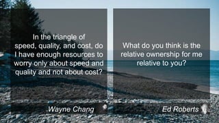 In the triangle of
speed, quality, and cost, do
I have enough resources to
worry only about speed and
quality and not about cost?

Wayne Chang

What do you think is the
relative ownership for me
relative to you?

Ed Roberts

 