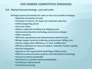 FIVE GENERIC COMPETITIVE STRATEGIES
3/4. Market focused strategy…cost and niche
Strategic inputs (essentially the same as low cost provider strategy):
•Optimize economies of scale
•Purchase in volume, JIT, keep raw materials costs low
•Utilize bargaining power
•Low cost inputs
•Reduce materials handling and shipping costs
•Advanced production technology and process designs
•Offer incentives
•Minimize operational and administrative staff and cost
•Merge support systems (ordering, procurement, billing, etc.)
•Pursue supply chain efficiency, i.e. limit ‘middle men’
•Efficient utilization of resources (plant, materials, human capital)
•Vertical integration
•Operate at full capacity (full advantage of fixed costs)
•Efficient communications systems and information technology
•Outsource where practicable
•Sell direct to customer (where practicable)
•Continuous improvement
•Continuous learning

 