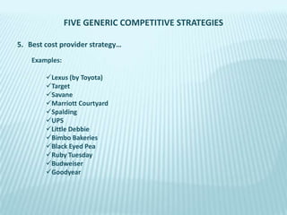 FIVE GENERIC COMPETITIVE STRATEGIES
5. Best cost provider strategy…
Examples:
Lexus (by Toyota)
Target
Savane
Marriott Courtyard
Spalding
UPS
Little Debbie
Bimbo Bakeries
Black Eyed Pea
Ruby Tuesday
Budweiser
Goodyear

 