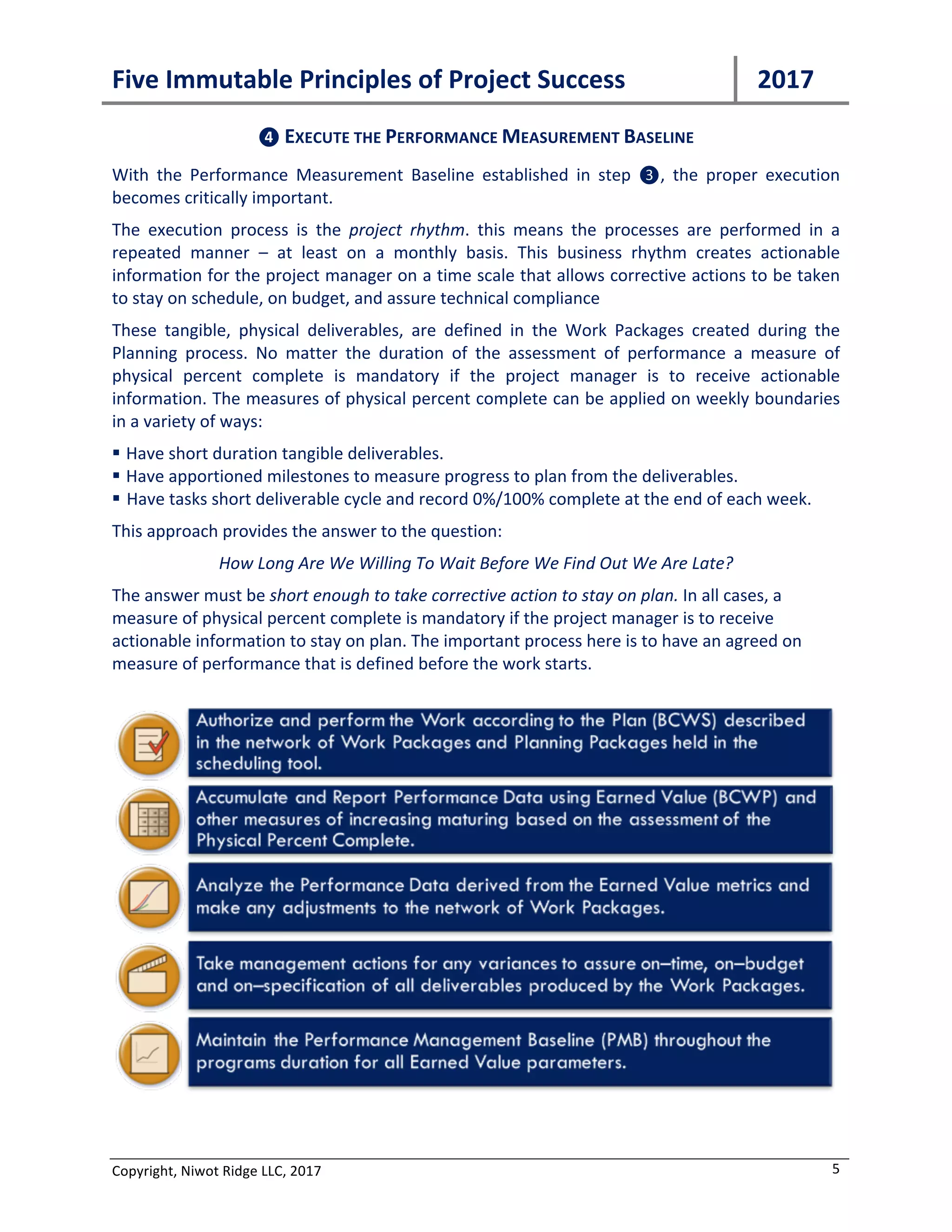 Five	Immutable	Principles	of	Project	Success	 		2017	
Copyright,	Niwot	Ridge	LLC,	2017	 5	
❹	EXECUTE	THE	PERFORMANCE	MEASUREMENT	BASELINE	
With	the	Performance	Measurement	Baseline	established,	proper	execution	becomes	critically	
important.	
The	execution	process	is	the	“project	rhythm.”	This	means	the	processes	are	performed	in	a	
repeated	manner	–	at	least	on	a	monthly	basis	and	many	times	on	a	weekly	basis.	This	business	
rhythm	 creates	 actionable	 information	 for	 the	 project	 manager	 on	 a	 time	 scale	 that	 allows	
corrective	actions	to	be	taken	to	stay	on	schedule,	on	budget,	and	assure	technical	compliance.	
These	tangible,	physical	deliverables	are	defined	as	outcomes	of	the	Work	Packages	created	
during	 the	 Planning	 process.	 No	 matter	 the	 duration	 of	 the	 assessment	 of	 performance	 a	
measure	 of	 physical	 percent	 complete	 is	 mandatory	 if	 the	 project	 manager	 is	 to	 receive	
actionable	information.	The	measures	of	physical	percent	complete	can	be	applied	on	weekly	
boundaries	in	two	fundamental	ways:	
1. Have	short	duration	tangible	deliverables	and	record	0%/100%	complete	at	the	end	of	
each	week.	
2. Have	apportioned	milestones	to	measure	progress	to	plan	from	the	deliverables.	
This	approach	provides	the	answer	to	the	question:	
How	Long	Are	We	Willing	To	Wait	Before	We	Find	Out	We	Are	Late?	
The	 answer	 must	 be	 short	 enough	 to	 take	 corrective	 actions	 to	 stay	 on	 plan.	 In	 all	 cases,	 a	
measure	 of	 physical	 percent	 complete	 is	 mandatory	 if	 the	 project	 manager	 is	 to	 receive	
actionable	information	to	stay	on	plan.	The	important	process	here	is	to	have	an	agreed	on	
measure	of	performance	that	is	defined	before	the	work	starts.	
	
	
	 	
 