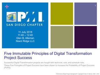 +
Five Immutable Principles of Digital Transformation
Project Success
Successful Digital Transformation projects are fraught with technical, cost, and schedule risks.
These Five Principles of Project Success have been shown to increase the Probability of Project Success
(PoPS).
Performance–Based Project Management®, Copyright © Glen B. Alleman, 2002 - 2018
1
11 July 2018
11:40 – 12:40
Glen B. Alleman
Niwot Ridge LLC
 