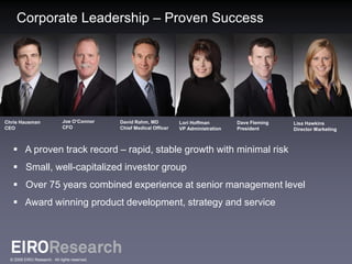 Corporate Leadership – Proven Success




Chris Hausman                 Joe O’Connor     David Rahm, MD          Lori Hoffman        Dave Fleming   Lisa Hawkins
CEO                           CFO              Chief Medical Officer   VP Administration   President      Director Marketing



    A proven track record – rapid, stable growth with minimal risk
    Small, well-capitalized investor group
    Over 75 years combined experience at senior management level
    Award winning product development, strategy and service




  © 2009 EIRO Research. All rights reserved.
 