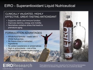 EIRO - Superantioxidant Liquid Nutriceutical

     CLINICALLY VALIDATED, HIGHLY
     EFFECTIVE, GREAT-TASTING ANTIOXIDANT
       • Supports cardio and immune function
       • Improves stamina, energy and mobility
       • Neutralizes oxidative stress that leads to
         premature aging

     FORMULATION ADVANTAGES
       • Whole food formula – made with 5
         whole fruit purees
       • No freeze-dried or extracted
         ingredients
       • No added sweeteners or preservatives
       • High in antioxidants – one of the
         highest ORAC scores on the market




                                               These statements have not been evaluated by the Food and Drug Administration.
                                               This product is not intended to diagnose, treat, cure or prevent any disease.
© 2009 EIRO Research. All rights reserved.
 