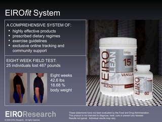 EIROfit System
  A COMPREHENSIVE SYSTEM OF:
   • highly effective products
   • prescribed dietary regimes
   • exercise guidelines
   • exclusive online tracking and
     community support

 EIGHT WEEK FIELD TEST:
 25 individuals lost 467 pounds

                                             Eight weeks
                                             42.6 lbs
                                             18.68 %
                                             body weight




                                                      These statements have not been evaluated by the Food and Drug Administration.
                                                      This product is not intended to diagnose, treat, cure or prevent any disease.
                                                      Results not typical. Individual results may vary.
© 2009 EIRO Research. All rights reserved.
 