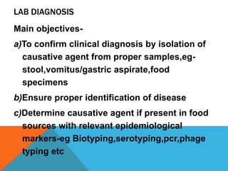 LAB DIAGNOSIS
Main objectives-
a)To confirm clinical diagnosis by isolation of
  causative agent from proper samples,eg-
  stool,vomitus/gastric aspirate,food
  specimens
b)Ensure proper identification of disease
c)Determine causative agent if present in food
  sources with relevant epidemiological
  markers-eg Biotyping,serotyping,pcr,phage
  typing etc
 