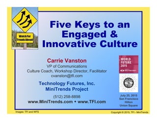 Fi K tFive Keys to an
Engaged &g g
Innovative Culture
Carrie Vanston
VP of Communications
Culture Coach, Workshop Director, Facilitator
cvanston@tfi.com
Technology Futures IncTechnology Futures, Inc.
MiniTrends Project
(512) 258-8898 July 25, 2015
San Francisco
Copyright © 2015, TFI - MiniTrends
( )
www.MiniTrends.com  www.TFI.com
San Francisco
Hilton
Union Square
Images: TFI and WFS
 