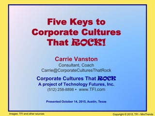 Copyright © 2016, TFI – Corporate Cultures That Rock
5 Keys to an Engaged
& Innovative Corporate
Culture
Corporate Cultures That ROCK
A Project of Technology Futures, Inc.
(512) 258-8898  www.TFI.com
Images: TFI and other sources
Carrie Vanston
Culture for Innovation
Carrie@CorporateCulturesThatRock.com
 