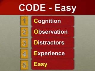 CODE - Easy
  Cognition
  Observation
  Distractors
  Experience
  Easy
 