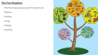 The Five Kingdom-
>The Five major groups as per this system are:
• Monera
• Protista
• Fungi
• Plantae
• Animalia
 