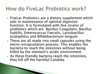  FiveLac Probiotics are a dietary supplement which
aids in maintenance of optimal digestive
function. It is formulated with five strains of
probiotics which are Bacillus Coagulans, Bacillus
Subtilis, Enterococcus Faecalis, Lactobacillus
acidophilus and Bifidobacterium longum.
 These are all made into small capsules using the
micro-encapsulation process. This enables the
bacteria to reach the intestines without being
killed by the stomach’s acidic environment.
 As these friendly bacteria reach the intestines,
they kill off the harmful Candida.
 