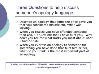 Three Questions to help discuss
someone’s apology language
 Describe an apology that someone once gave you
that you considered insufficient. What was
lacking?
 When you realize you have offended someone
then ask, “It hurts me that I have hurt you/ Why
don’t you tell me what hurts you most about what
I said or did?
 When you express an apology to someone for
something you have done that hurt him or her,
what do you think is the most important part of
an apology.
“I value our relationships. What do I need to do or say in order for you to
consider forgiving me?’
 