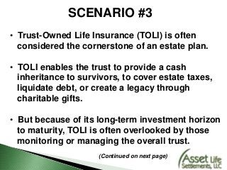 SCENARIO #3
• Trust-Owned Life Insurance (TOLI) is often
considered the cornerstone of an estate plan.
• TOLI enables the trust to provide a cash
inheritance to survivors, to cover estate taxes,
liquidate debt, or create a legacy through
charitable gifts.
• But because of its long-term investment horizon
to maturity, TOLI is often overlooked by those
monitoring or managing the overall trust.
(Continued on next page)
 