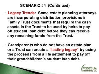 SCENARIO #4 (Continued)
• Legacy Trends: Some estate planning attorneys
are incorporating distribution provisions in
Family Trust documents that require the cash
assets in the Trust to be used by heirs to pay
off student loan debt before they can receive
any remaining funds from the Trust.
• Grandparents who do not have an estate plan
or a Trust can create a “lasting legacy” by using
the proceeds from a life settlement to pay off
their grandchildren’s student loan debt.
 