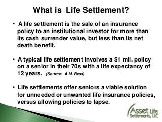 What is Life Settlement?
• A life settlement is the sale of an insurance
policy to an institutional investor for more than
its cash surrender value, but less than its net
death benefit.
• A typical life settlement involves a $1 mil. policy
on a senior in their 70s with a life expectancy of
12 years. (Source: A.M. Best)
• Life settlements offer seniors a viable solution
for unneeded or unwanted life insurance policies,
versus allowing policies to lapse.
 