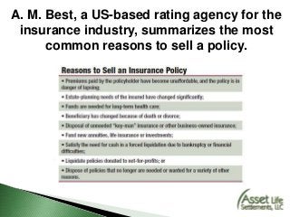 A. M. Best, a US-based rating agency for the
insurance industry, summarizes the most
common reasons to sell a policy.
 