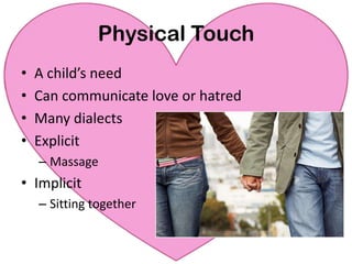 Physical TouchNOT:Withdrawing physicallySexual harassmentCold shoulderAffairsLove Tank: Explosion!