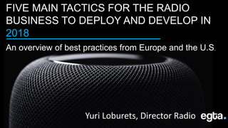 FIVE MAIN TACTICS FOR THE RADIO
BUSINESS TO DEPLOY AND DEVELOP IN
2018
An overview of best practices from Europe and the U.S.
Yuri Loburets, Director Radio
 