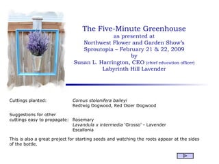 The Five-Minute Greenhouse as presented at Northwest Flower and Garden Show’s Sproutopia – February 21 & 22, 2009 by Susan L. Harrington, CEO  (chief education officer) Labyrinth Hill Lavender Cuttings planted: Cornus stolonifera baileyi Redtwig Dogwood, Red Osier Dogwood Suggestions for other cuttings easy to propagate: Rosemary Lavandula x intermedia  ‘Grosso’ - Lavender Escallonia This is also a great project for starting seeds and watching the roots appear at the sides of the bottle. 