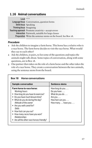1.16 Animal conversations
Level ***
Language focus Conversation, question forms
Skills focus Speaking
Thinking focus Imagining
Teaching approach Promote creativity – accept errors
Interaction Pairwork, suitable for large classes
Preparation Write the sentence stems on the board. See Box 18.
Procedure
1 Ask the children to imagine a farm horse. This horse has a relative who is
a race horse. The farm horse decides to visit the race horse. What would
they say to each other?
2 Ask the children, in pairs, to list some of the questions and topics the
animals might talk about. Some topics of conversation, along with some
questions, are in Box 18.
3 One partner then takes on the role of a farm horse and the other takes the
role of a race horse. They create a conversation between the two animals,
using the sentence stems from the board.
Box 18 Horse conversations
Sample conversation Sentence stems
Farm horse to race horse: How long do you . . .
Working hours Do you have . . .
• How long do you have to exercise? What do you do . . .
• Do you have much leisure time? Are you . . .
• What do you do during the day? How fast can you . . .
Attitude of the owner How many . . . have you . . .
• Are you well cared for?
Skills
• How fast can you run?
• How many races have you won?
Relationships
• Are all the other race horses friendly?
Animals
27
 