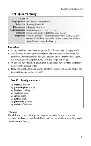 3.9 Queen’s family
Level **
Language focus Vocabulary: kinship terms
Skills focus Listening for details
Thinking focus Following directions
Teaching approach Promote accuracy – correct errors
Interaction Whole class work, suitable for large classes
Preparation Write the names of family members on the board, e.g. son,
mother. Write them randomly, i.e. not in the same order as
the oral instructions. See Box 55.
Procedure
1 Say to the class I am a famous queen, but I have a very strange family.
2 Ask them to listen to your description of your family and to write the
members of your family in a list, in the same order that they hear them,
e.g. Uncle, granddaughter. Read from the script in Box 55.
3 When you have finished, check that the children have written the family
names in the correct order.
4 Read the script again and ask the children to write the second part of the
description, e.g. Uncle – monster.
Box 55 Family members
My uncle is a monster.
My granddaughter is a doll.
My daughter is a fairy.
My cousin is a robot.
My son is a pirate.
My aunt is a witch.
My grandson is a rabbit.
My mother is Cinderella.
Follow-up
The children create a family tree diagram showing the queen and her
relatives. See Box 56. Ask the children to draw the relatives according to the
descriptions in Box 55.
Fantasy and adventure
65
 