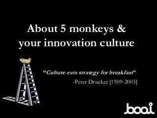 About 5 monkeys &
your innovation culture
“Culture eats strategy for breakfast”
-Peter Drucker [1909-2005]
 