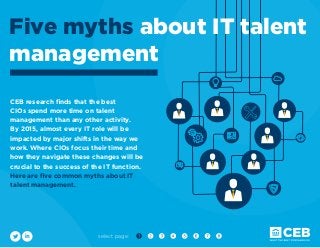 select page:
CEB research finds that the best
CIOs spend more time on talent
management than any other activity.
By 2015, almost every IT role will be
impacted by major shifts in the way we
work. Where CIOs focus their time and
how they navigate these changes will be
crucial to the success of the IT function.
Here are five common myths about IT
talent management.
Five myths about IT talent
management
 