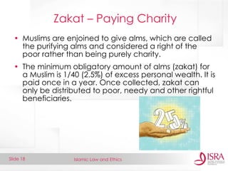 Islamic Law and Ethics 
Slide 18 
Zakat – Paying Charity 
•Muslims are enjoined to give alms, which are called the purifying alms and considered a right of the poor rather than being purely charity. 
•The minimum obligatory amount of alms (zakat) for a Muslim is 1/40 (2.5%) of excess personal wealth. It is paid once in a year. Once collected, zakat can only be distributed to poor, needy and other rightful beneficiaries.  