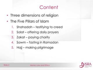 Islamic Law and Ethics 
Slide 2 
Content 
•Three dimensions of religion 
•The Five Pillars of Islam 
1.Shahadah – testifying to creed 
2.Salat – offering daily prayers 
3.Zakat – paying charity 
4.Sawm – fasting in Ramadan 
5.Hajj – making pilgrimage  