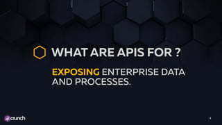 8
EXPOSING ENTERPRISE DATA
AND PROCESSES.
WHAT ARE APIS FOR ?
 