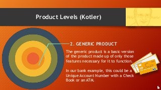Product Levels (Kotler)
2. GENERIC PRODUCT
The generic product is a basic version
of the product made up of only those
features necessary for it to function.
In our bank example, this could be a
Unique Account Number with a Check
Book or an ATM.
6
 