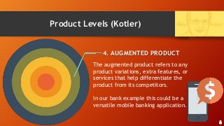 Product Levels (Kotler)
4. AUGMENTED PRODUCT
The augmented product refers to any
product variations, extra features, or
services that help differentiate the
product from its competitors.
In our bank example this could be a
versatile mobile banking application.
8
 