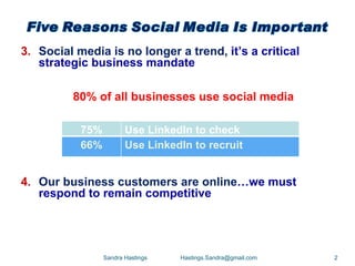 3. Social media is no longer a trend, it’s a critical
   strategic business mandate

         80% of all businesses use social media

           75%          Use LinkedIn to check
           66%          backgrounds to recruit
                        Use LinkedIn


4. Our business customers are online…we must
   respond to remain competitive




                 Sandra Hastings   Hastings.Sandra@gmail.com   2
 