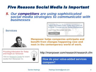 5. Our competitors are using sophisticated
   social media strategies to communicate with
   businesses




                              http://manpower.com/research/research.cfm

                               How do your value-added services
                               compare?

            Sandra Hastings         Hastings.Sandra@gmail.com        4
 