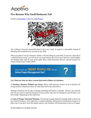 Five Reasons Why Small Businesses Fail
Posted on December 7, 2011 by Usha Prasad




Just wishing to become successful doesn’t show any result. It requires a reasonable amount of
planning and commitment to succeed in any field.

When you plan to set up a business, failure is the last thing on your mind. If you are a start-up or
a small business owner, you will never see your business fail if you have laid out a well thought-
out business plan and set your goals right. Most small businesses did not succeed because its
owners failed to put in their efforts.




Let’s find out what are these reasons that lead to failure of a business.

1. Starting a Business Without any Focus: Many small business owners set up a business for
wrong reasons without any focus on what they want to do and achieve.

Starting a business for the sake of doing something,will lead to a disaster. Always, ask yourself
why do you want to start this business? If you answer why you are setting up your business, you
have made a beginning on the right track.

2. Lack of Proper Financial Planning: Not having enough financial backing spells a doom for
any kind of business. You might have a proper planning, infrastructure and human resources in
place, but if you don’t have the capital money, your business will boomerang as soon as it began.

© 2011 Apptivo Inc. All rights reserved.
 