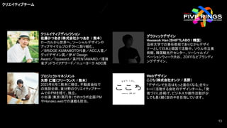 クリエイティブディレクション
佐藤かつあき（株式会社かつあき / 熊本）
ローカルから世界へ。ソーシャルデザインや
アップサイクルプロダクトに取り組む。
／BRIDGE KUMAMOTO代表／ACC入賞／
グッドデザイン賞／伊 A' Design
Award／Topaward／英PENTAWARD／環境
省グッドライフアワード／ニューヨーク ADC賞
グラフィックデザイン
Heeseok Han（SHIFTLABO / 韓国）
芸術大学での兼任教授でありながらデザイ
ナーとして日本と韓国で活動中。ソウル市立美
術館、韓国観光庁センター、ソーシャルイノ
ベーションウィーク渋谷、 ZOFFなどブランディ
ングデザイン。
プロジェクトマネジメント
矢野 仁穂（フリーランス / 熊本）
2023年6月に熊本に移住。不動産会社で
の施設企画、食分野のクリエイティブチー
ムでのPMを経て、独立。
小杉湯（東京/高円寺）でのコラボ企画 PM
やHanako.webでの連載も担当。
Webデザイン
ここち（株式会社オンフ / 長野）
「デザインで生活はもっと面白くなる」をモッ
トーに活動する会社のデザインチーム。「愛
着づくり」を掲げ、ビジネスや創作活動が少
しでも長く続く世の中を目指しています。
クリエイティブチーム
13
13
 