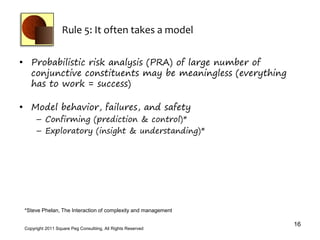 Rule 5: It often takes a model


• Probabilistic risk analysis (PRA) of large number of
  conjunctive constituents may be meaningless (everything
  has to work = success)

• Model behavior, failures, and safety
      – Confirming (prediction & control)*
      – Exploratory (insight & understanding)*




 *Steve Phelan, The Interaction of complexity and management

                                                               16
 Copyright 2011 Square Peg Consultiing, All Rights Reserved
 