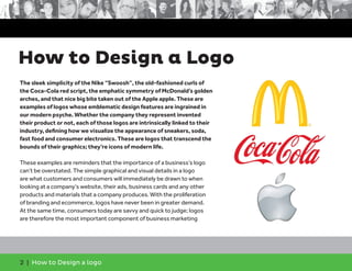 2 | How to Design a logo
The sleek simplicity of the Nike “Swoosh”, the old-fashioned curls of
the Coca-Cola red script, t...