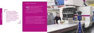 FIVESATAGLANCE
ATTENTIVE LISTENING,
CUSTOMER COMMITMENT
AND PIONEERING SPIRIT
make Fives a strong partner
dedicated to anticipating
clients’ needs and proposing
the most efficient, relevant
and forward-thinking
solutions.
www.fivesgroup.com
In 2013, Fives jointly led the Factory of the future plan within
the French governmental program: “Nouvelle France
Industrielle” (the New face of Industry in France).
Fives remains involved in the “Alliance Industrie du Futur”
(the Industry of the Future Alliance), a group of businesses,
professional organizations, scientific and academic
institutions, and regional authorities responsible for rolling
out the French government’s Industry of the Future plan.
FACTORY OF THE FUTURE
In 2012, Fives created the Fives Plants
of the Future Observatory,
a think-tank whose mission is to open
the debate on the future industry.
Events are regularly organized with
leading figures (economists, sociologists, journalists…)
and industrial players who shed a new light and enrich
the debate on the factory of the future.
 