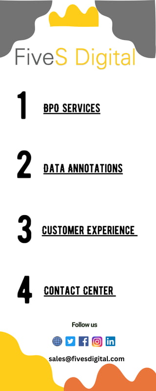 1
2
3
BPO Services
Data Annotations
Customer Experience
sales@fivesdigital.com
4 Contact Center
Follow us
 